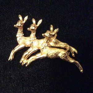 Vintage Gold & Rhinestone 3 Deer Brooch